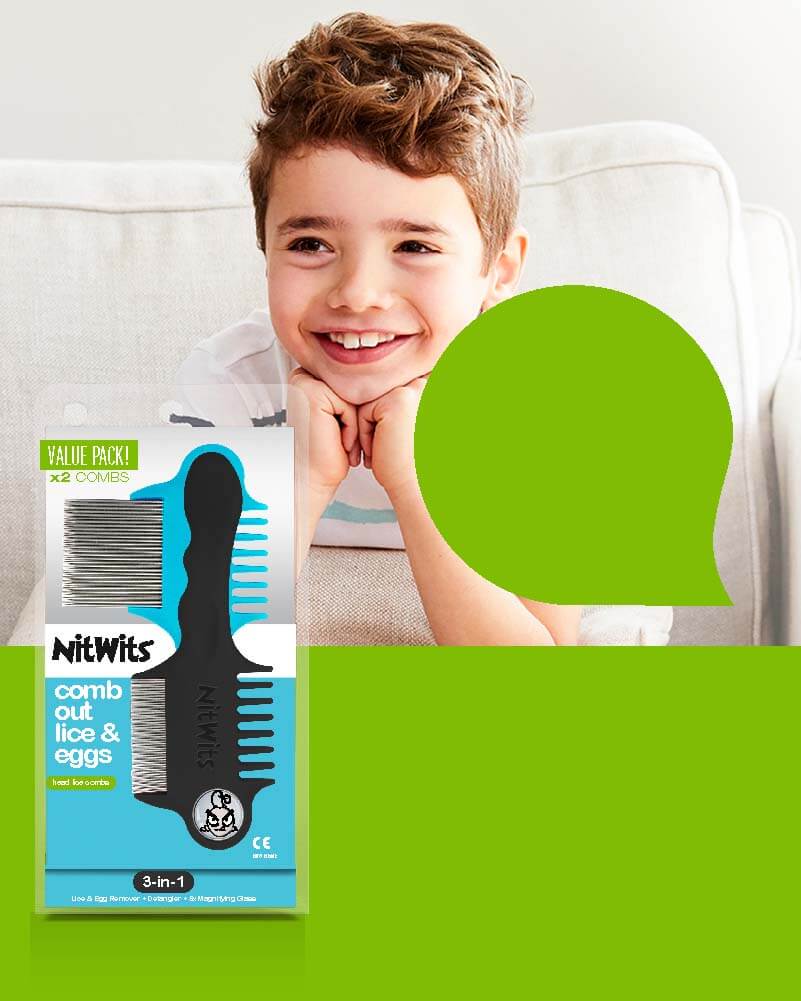 Boy on couch smiling with NitWits comb out lice & eggs head lice comb and quote Check, Comb & Remove