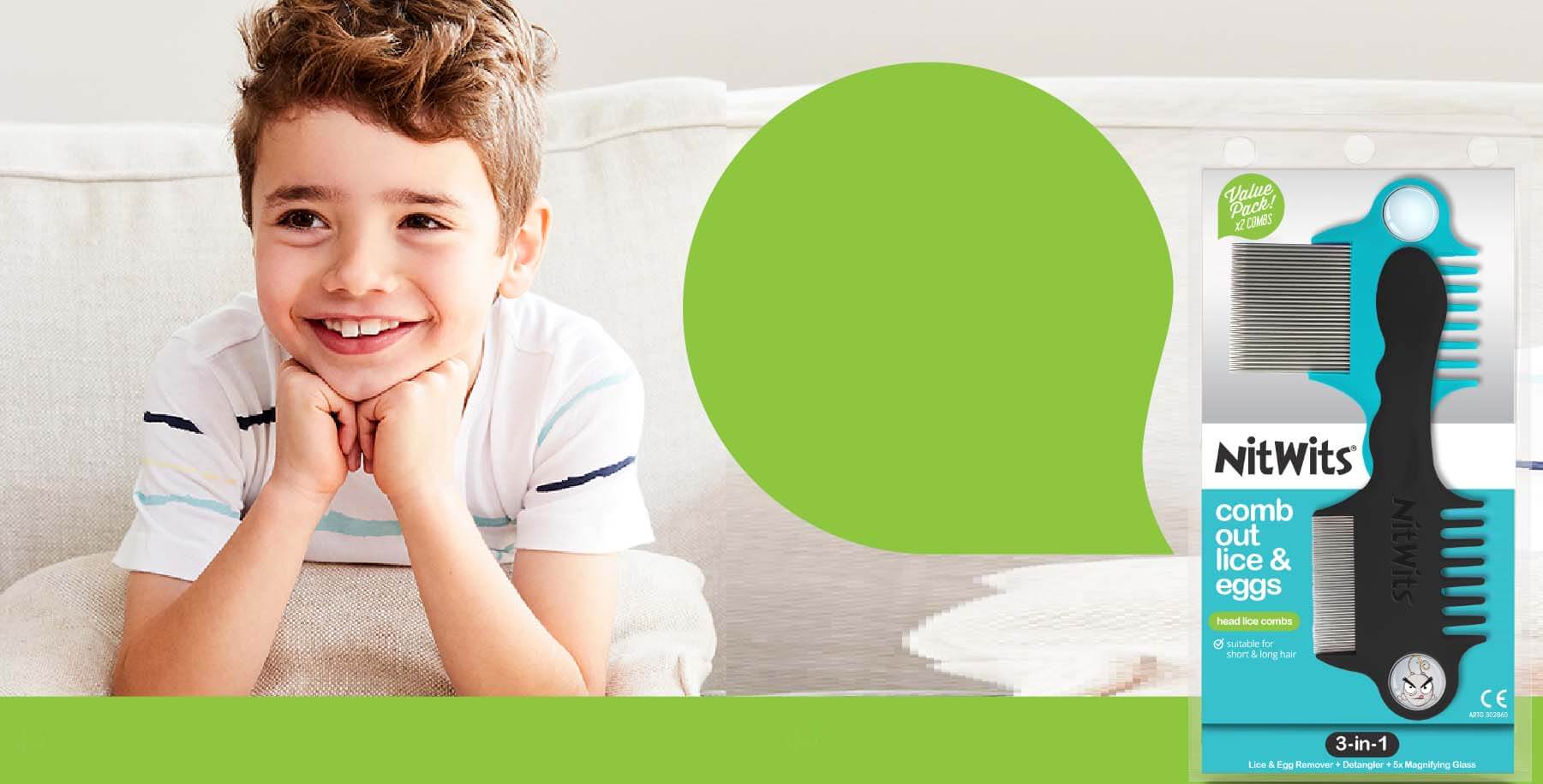 Boy on couch smiling with NitWits comb out lice & eggs head lice comb and quote Check, Comb & Remove