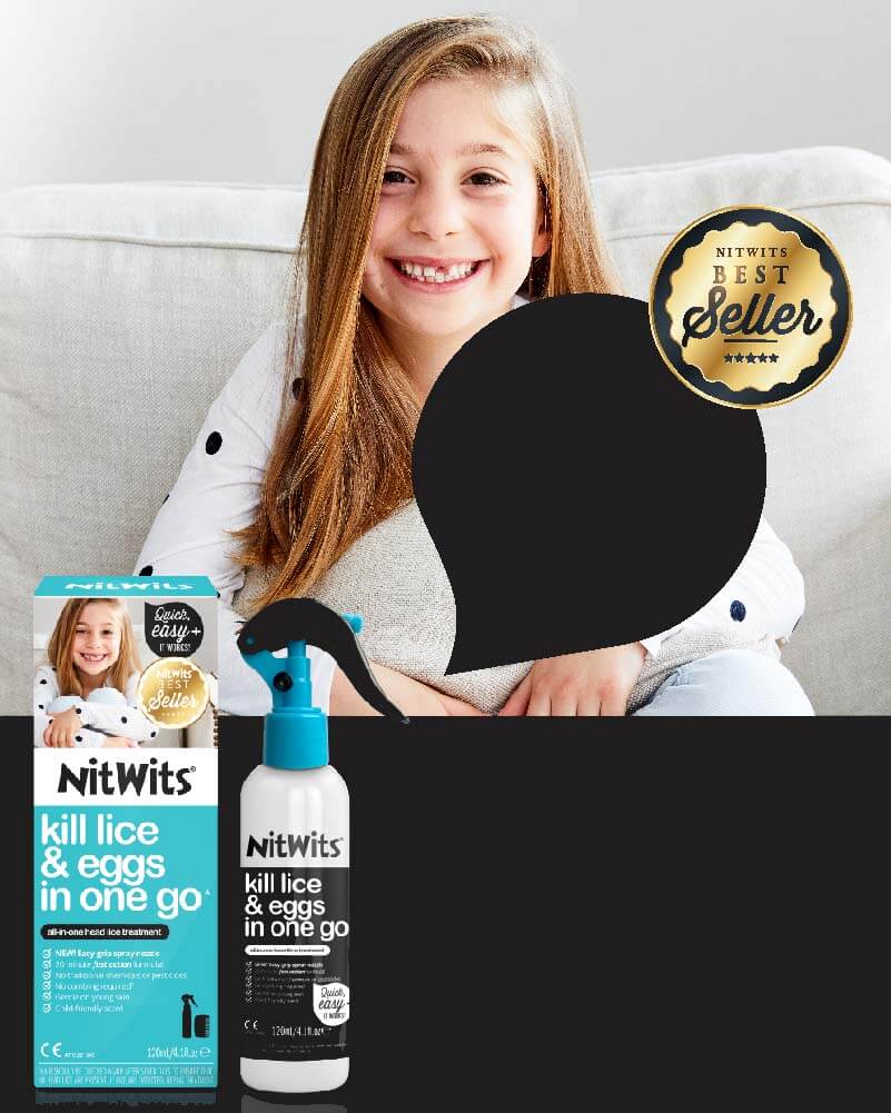Girl on couch smiling with NitWits All-In-One product, black speech bubble & Best Seller seal