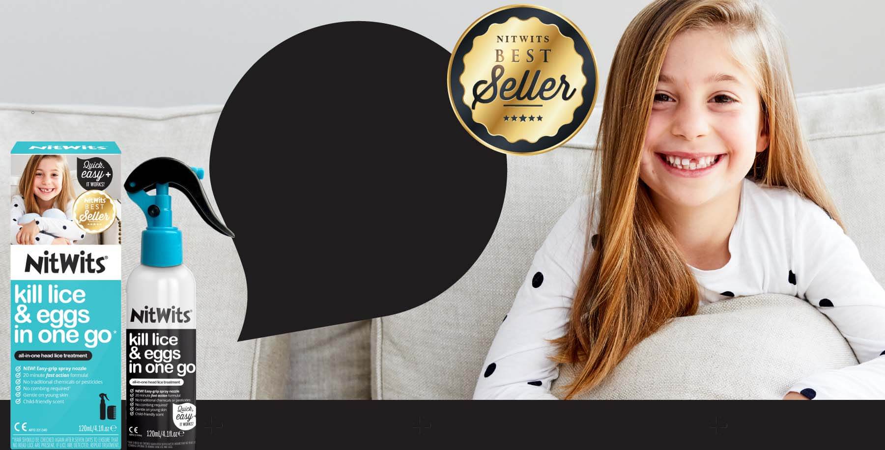 Girl on couch smiling with NitWits All-In-One product, black speech bubble & Best Seller seal