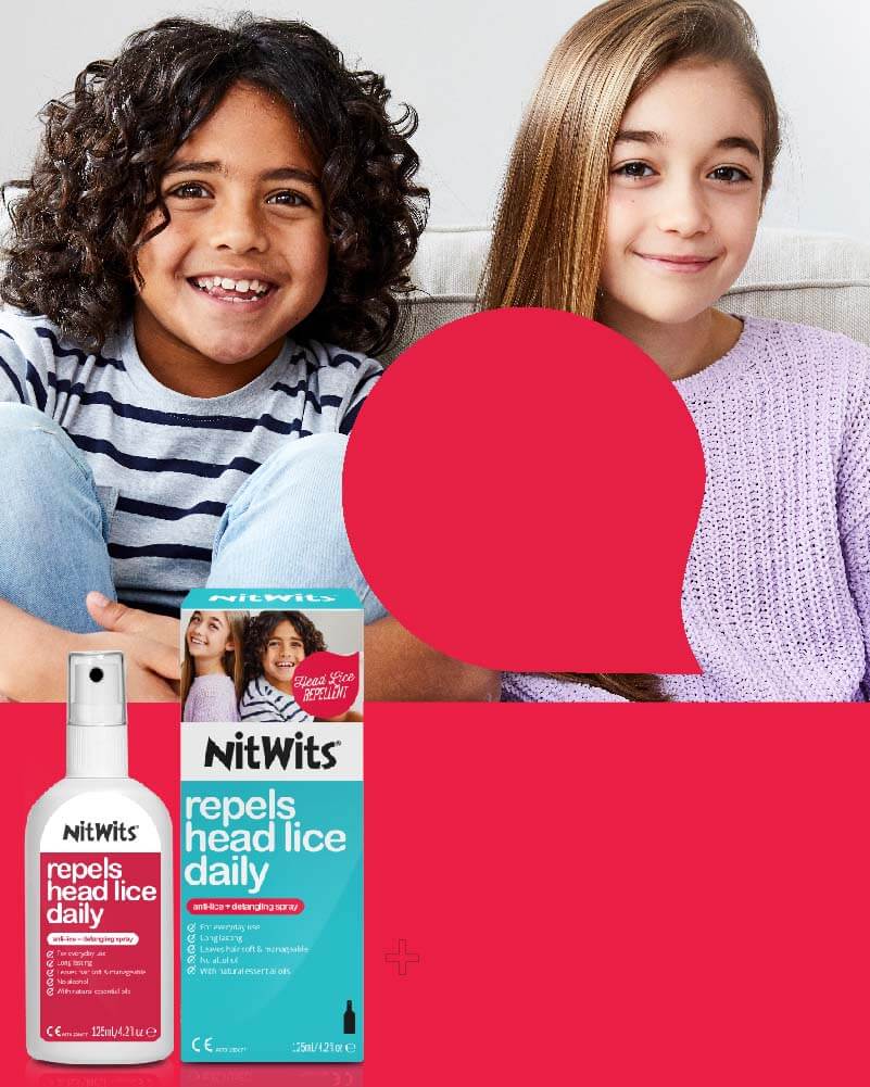Boy & girl on couch next to Nitwits Anti-Lice + Detangling Spray product & red speech bubble