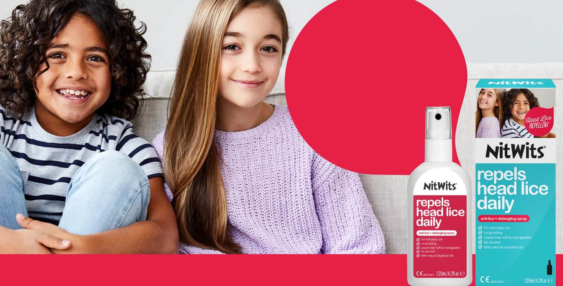Boy & girl on couch next to Nitwits Anti-Lice + Detangling Spray product & red speech bubble